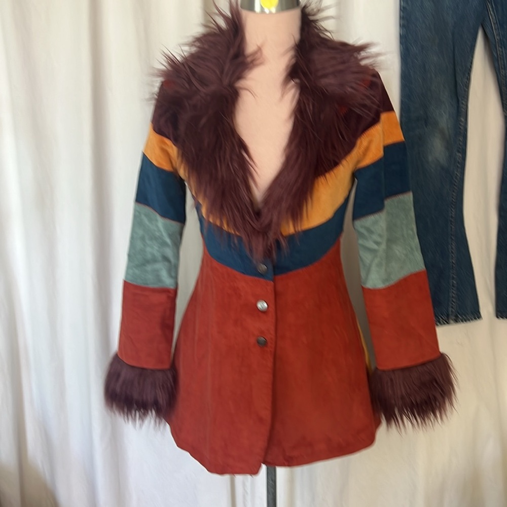 Current Mood Vibrant bohemian butterfly Jacket in Red and Orange blue faux fur
